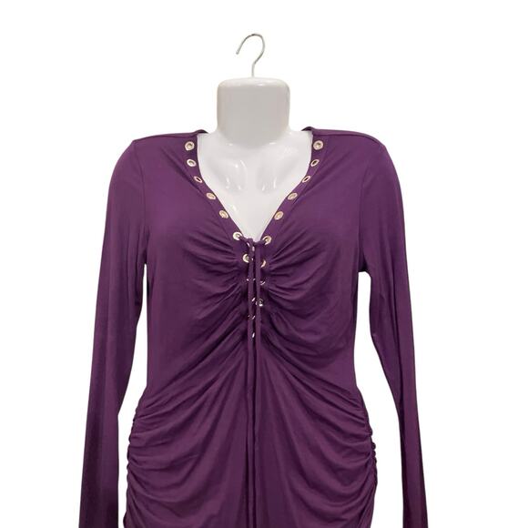 Venus Women's Purple V-Neck Grommet Detail Long Sleeve Ruched W/ Tie Shirt SZ M - Picture 3 of 7